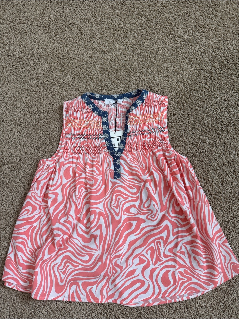 Coral & White Patterned Sleeveless Top with Navy Trim